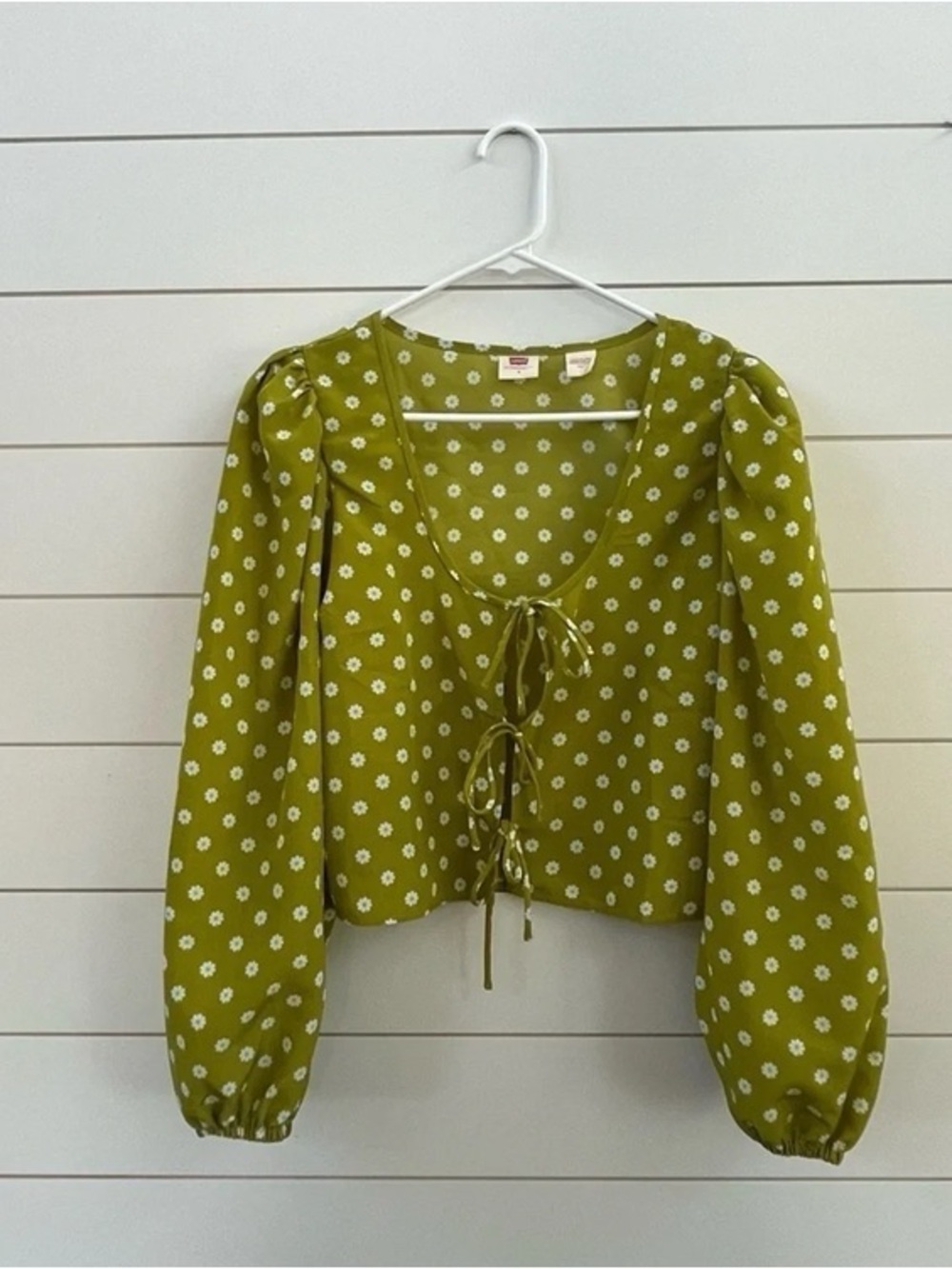Women's Olive Green Floral Tie-Front Blouse